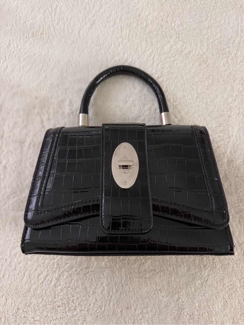 Classic Black Croc-Embossed Top-Handle Bag